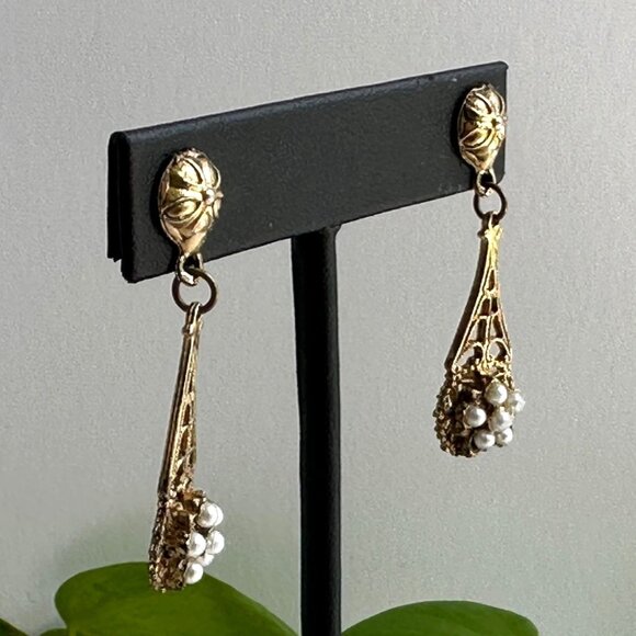 Vintage Gold Tone Filigree Dangle Earrings With Faux Seed Pearls For Pierced Ear - Picture 4 of 10